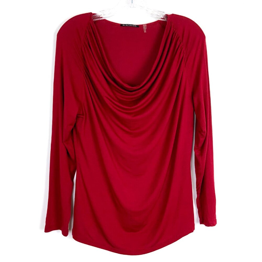 Elie Tahari Cranberry Red Cowl Neck Long Sleeve Top Blouse Career Sz L - Picture 2 of 16